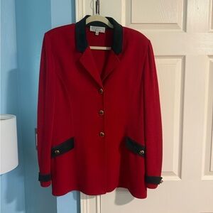 St. John Red Knit Blazer Leather Trim sz14